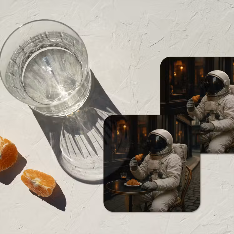 Café - Croissant - Koffie - Astronaut onderzetter kurk middel -sfeer4