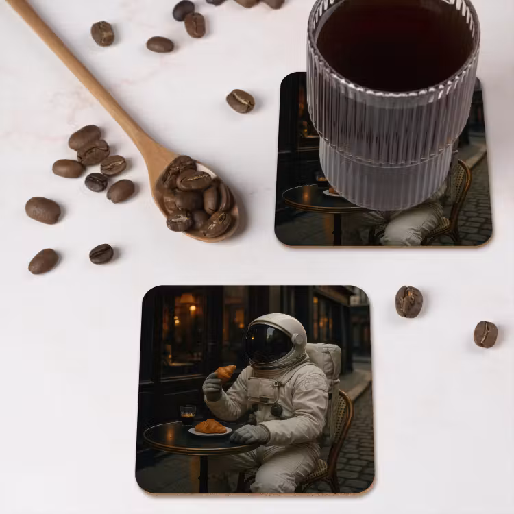 Café - Croissant - Koffie - Astronaut onderzetter kurk middel -sfeer2