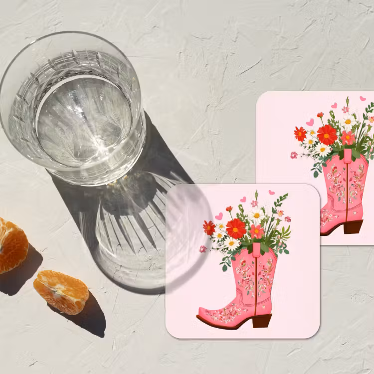 Cowboylaarzen - Roze - Boeket - Bloemen onderzetter kurk middel -sfeer4