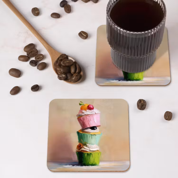Cupcakes - Gestapeld - Kleurrijk - Fruit onderzetter kurk middel -sfeer2