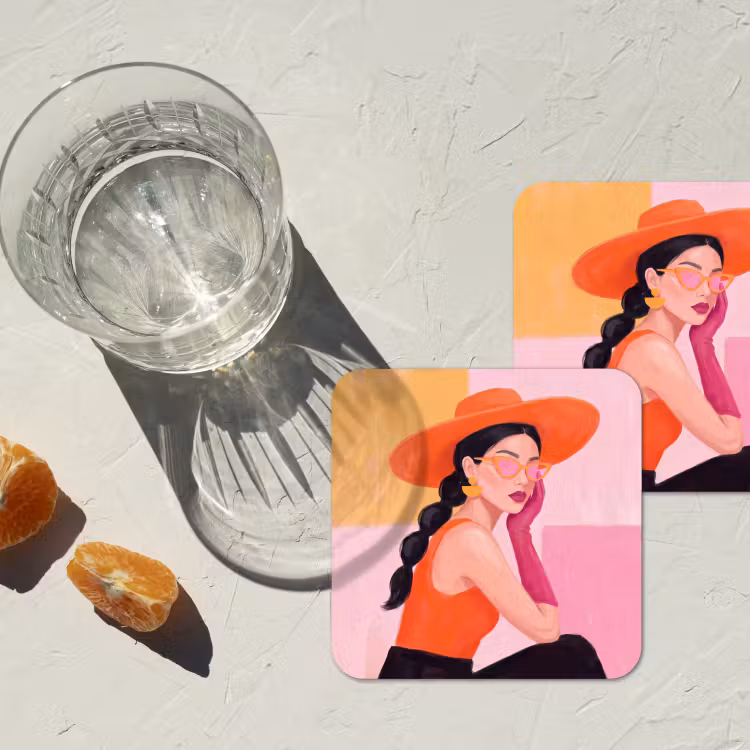 Vrouw - Hoed - Mode - Modern - Oranje onderzetter kurk middel -sfeer4