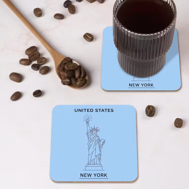 Monument - Vrijheidsbeeld - New York - Minimalistisch - Blauw onderzetter kurk middel -sfeer2