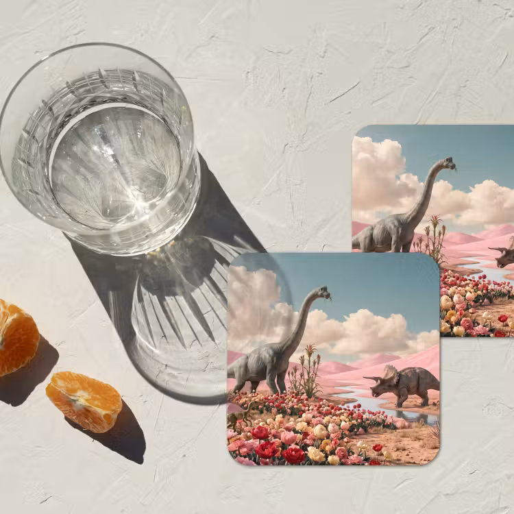 Untersetzer - Dinosaurier – Rosa – Landschaft - Dinosaurus - Roze - Landschap onderzetter kurk middel