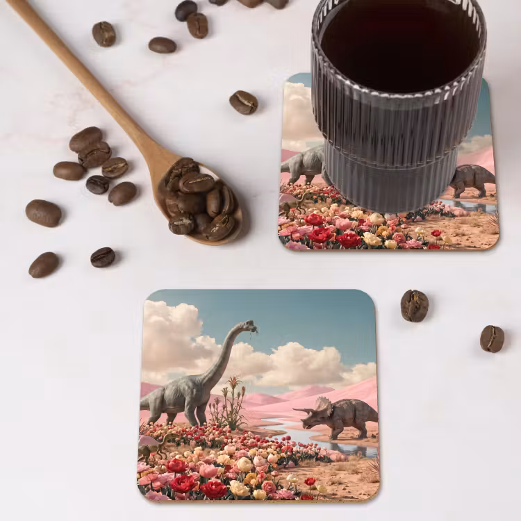 Untersetzer - Dinosaurier – Rosa – Landschaft - Dinosaurus - Roze - Landschap onderzetter kurk middel