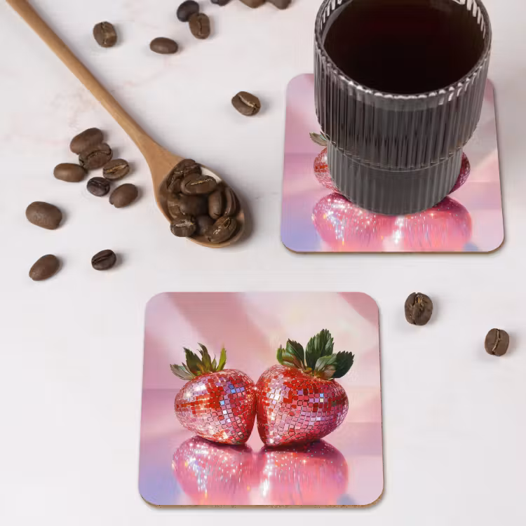 Disco - Fruit - Glitter - Strawberry onderzetter kurk middel -sfeer2