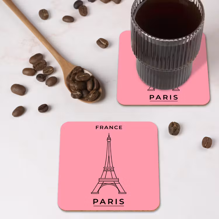Eiffeltoren - Parijs - Architectuur - Minimalistisch - Roze onderzetter kurk middel -sfeer2