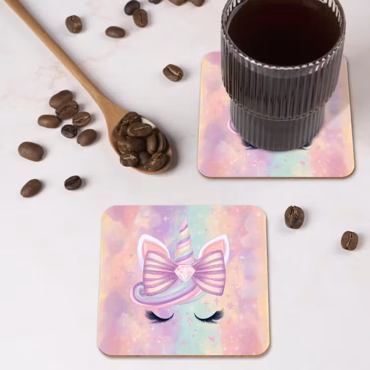 Eenhoorn - Glitters - Regenboog - Pastel onderzetter kurk middel -sfeer2