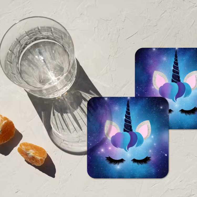 Eenhoorn - Sterren - Magisch - Blauw onderzetter kurk middel -sfeer4