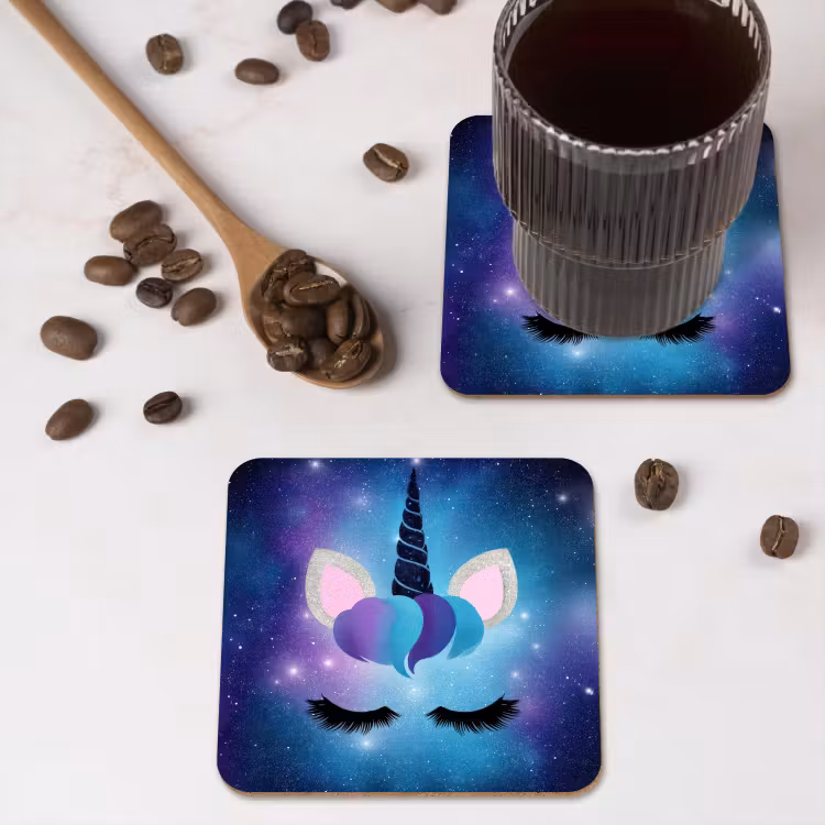 Eenhoorn - Sterren - Magisch - Blauw onderzetter kurk middel -sfeer2