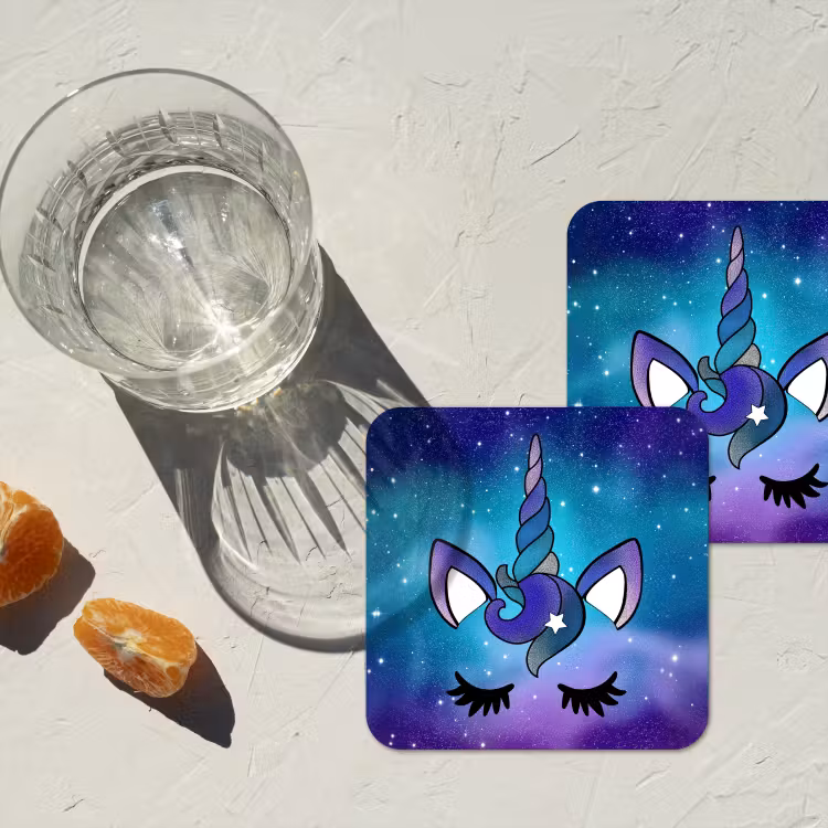 Eenhoorn - Sterrenhemel - Ster - Blauw onderzetter kurk middel -sfeer4