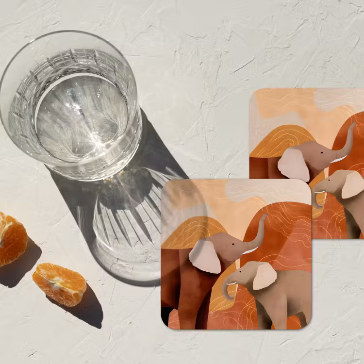 Olifanten - Oranje - Abstract onderzetter kurk middel -sfeer4