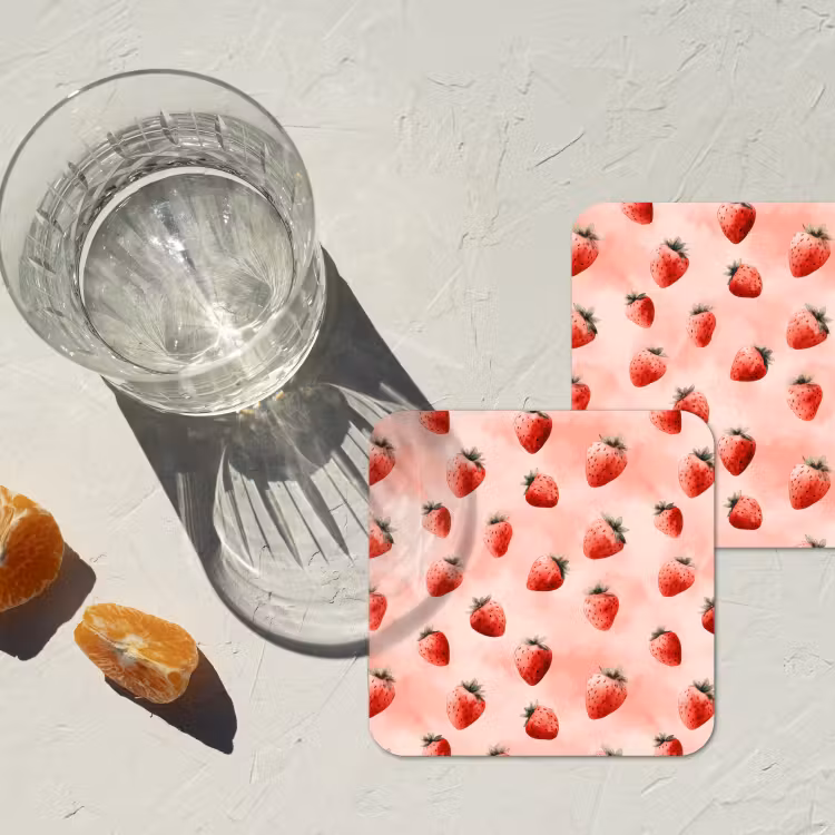 Aardbei - Patroon - Roze onderzetter kurk middel 366 -sfeer4
