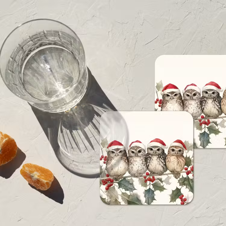 Uilen - Tak - Hulstblaadjes - Kerstmuts onderzetter kurk middel -sfeer4