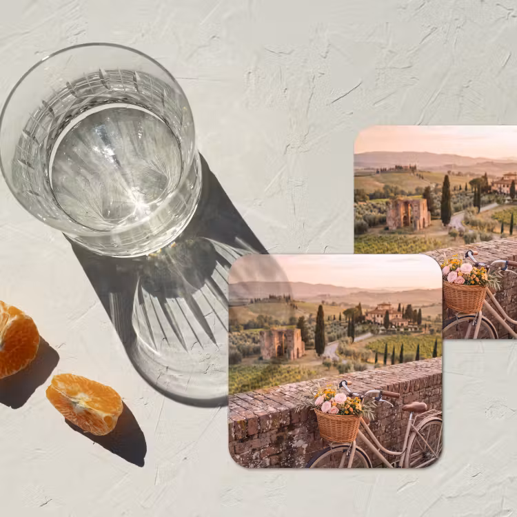 Fiets - Bloemen - Toscane - Landschap - Roze onderzetter kurk middel -sfeer4