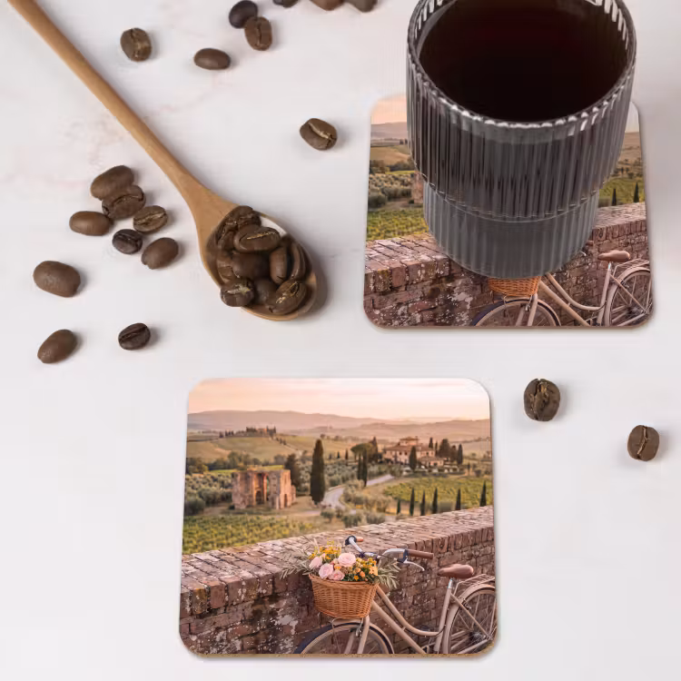 Fiets - Bloemen - Toscane - Landschap - Roze onderzetter kurk middel -sfeer2