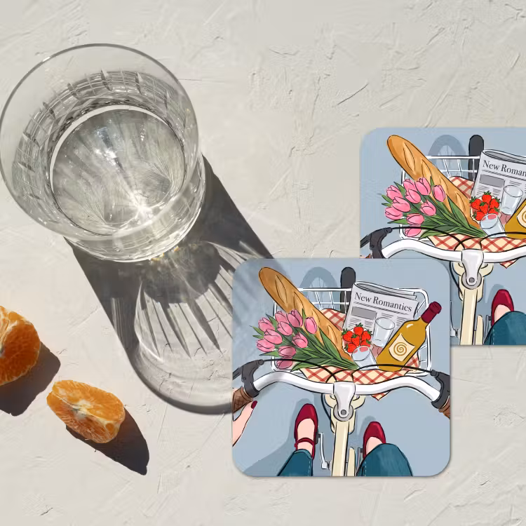 Fiets - Picknick - Zomer - Illustratie onderzetter kurk middel -sfeer4
