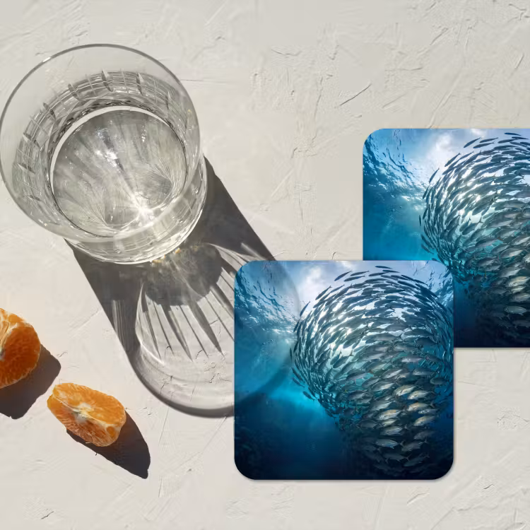 Vis - School - Oceaan - Natuur - Blauw onderzetter kurk middel -sfeer4