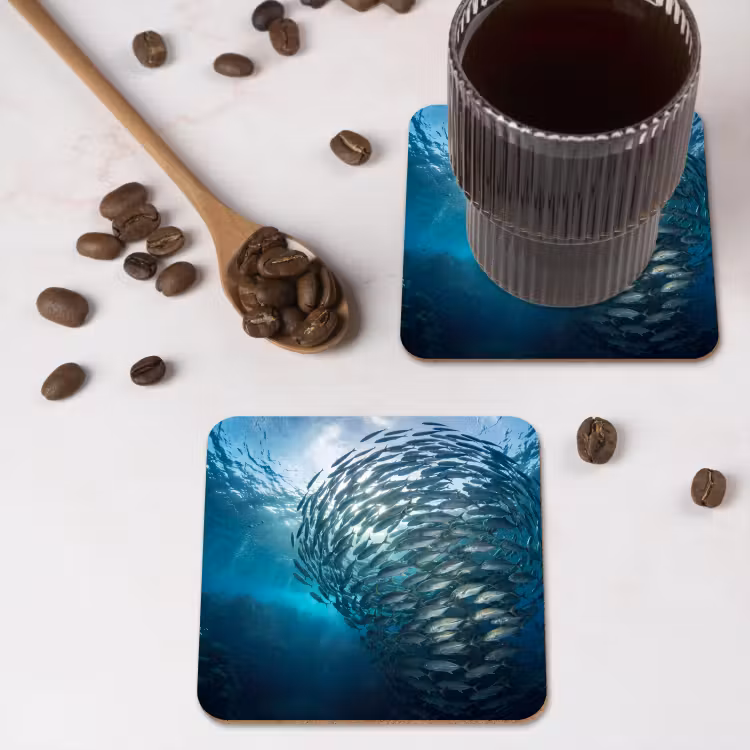 Vis - School - Oceaan - Natuur - Blauw onderzetter kurk middel -sfeer2