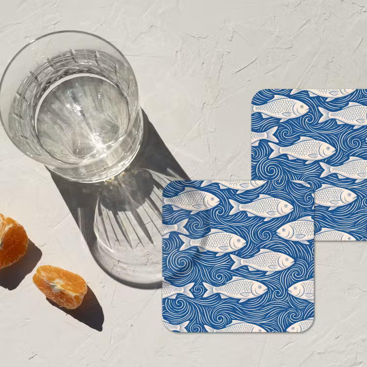 Vis - Water - Patroon - Grafisch - Blauw onderzetter kurk middel -sfeer4