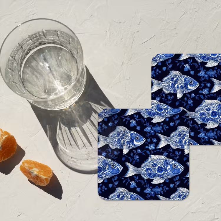 Vissen - Bloemen - Blauw onderzetter kurk middel 366 -sfeer4