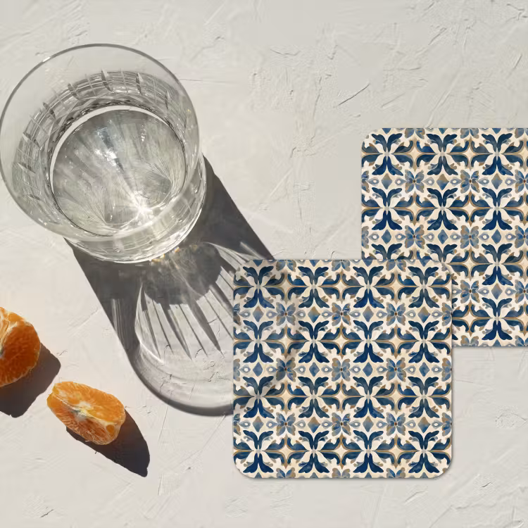 Tegel - Patroon - Blauw - Beige onderzetter kurk middel 366 -sfeer4