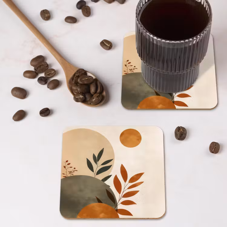 Vormen - Rond - Bladeren - Beige onderzetter kurk middel -sfeer2