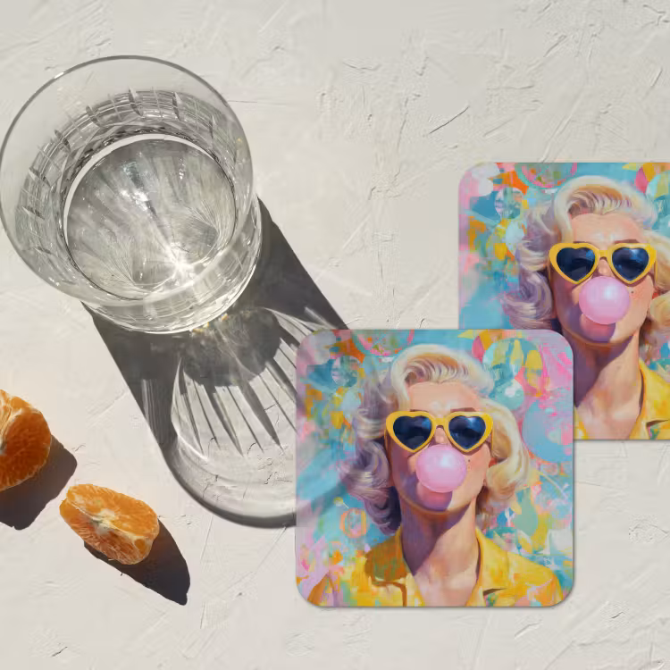 Vrouw - Blond - Roze kauwgom - Kleurrijk - Pastel onderzetter kurk middel -sfeer4