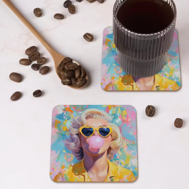 Vrouw - Blond - Roze kauwgom - Kleurrijk - Pastel onderzetter kurk middel -sfeer2