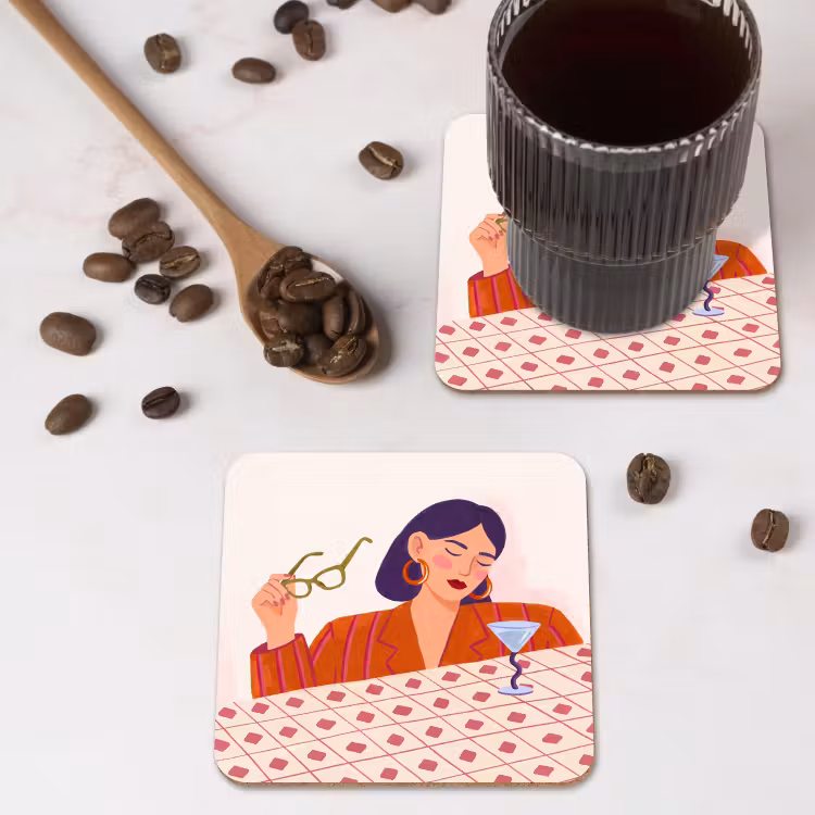 Vrouw - Bril - Cocktail - Illustratie - Modern onderzetter kurk middel -sfeer2
