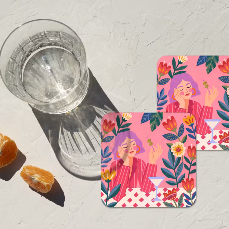 Vrouw - Cocktail - Bloemen - Modern - Roze onderzetter kurk middel -sfeer4