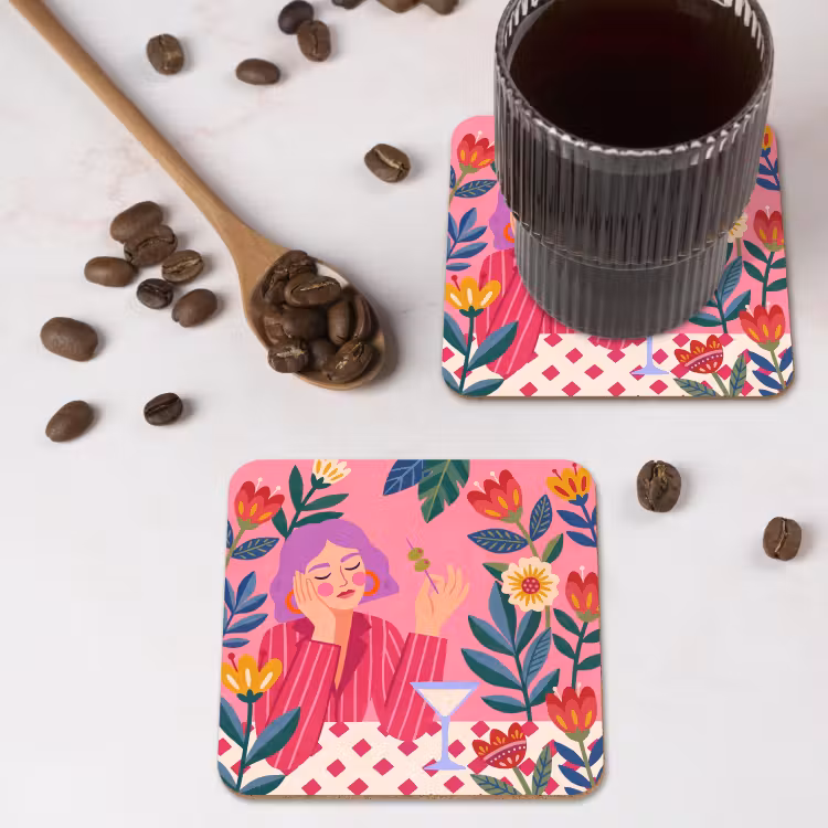 Vrouw - Cocktail - Bloemen - Modern - Roze onderzetter kurk middel -sfeer2