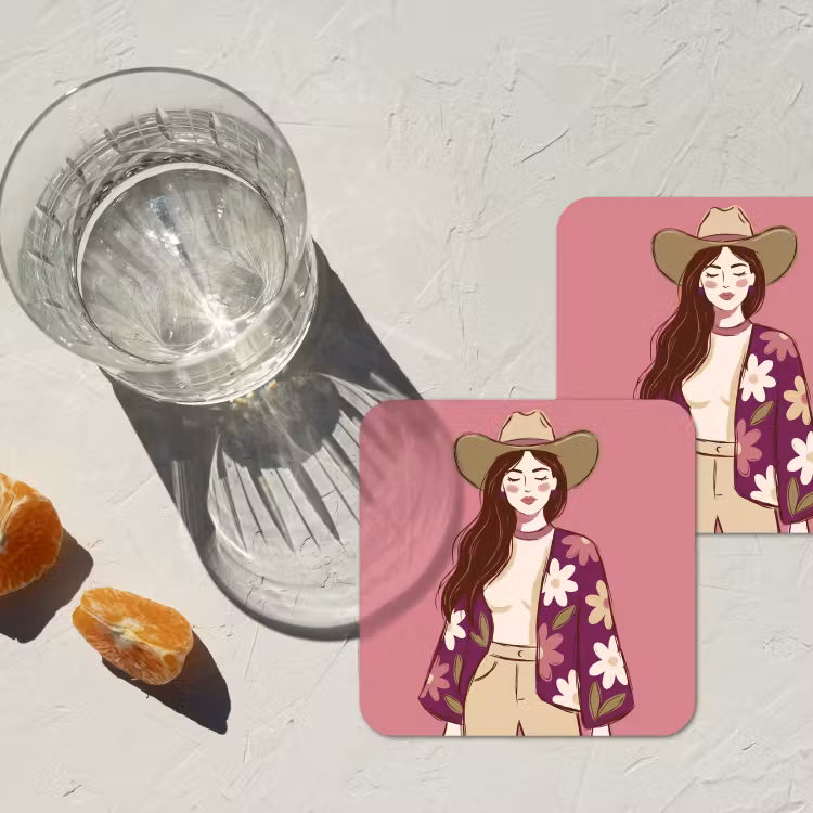 Vrouw - Hoed - Portret - Illustratie - Roze onderzetter kurk middel -sfeer4