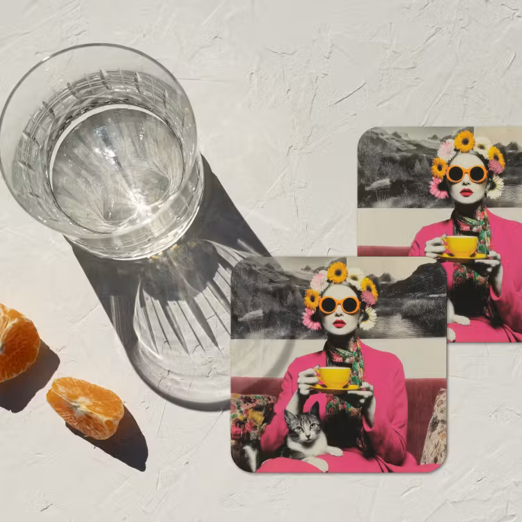 Vrouw - Kat - Bloemen - Kopje - Retro onderzetter kurk middel -sfeer4