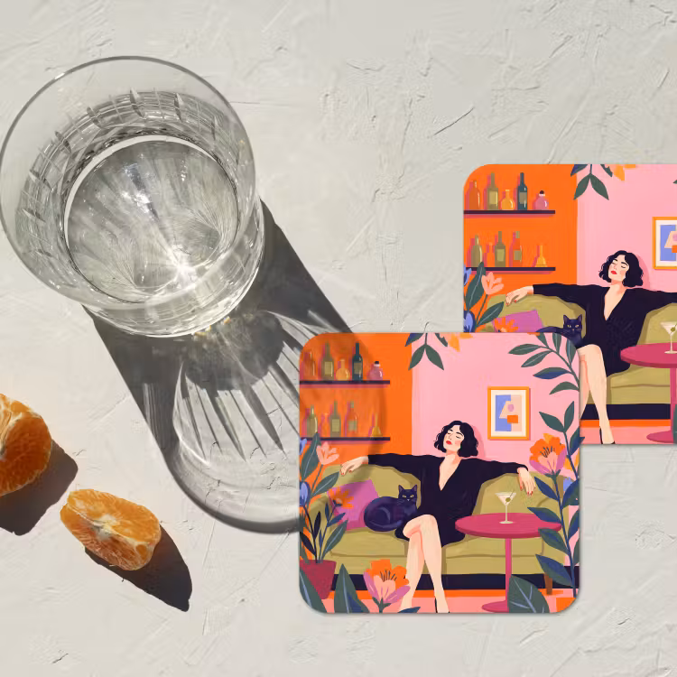 Vrouw - Kat - Interieur - Modern - Kleurrijk onderzetter kurk middel -sfeer4