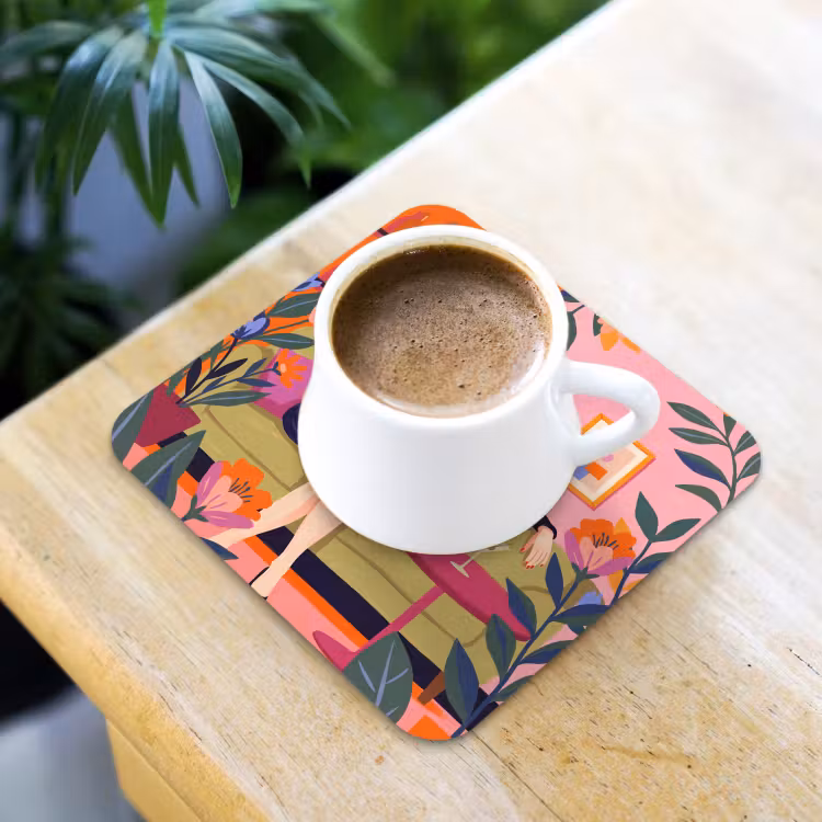 Vrouw - Kat - Interieur - Modern - Kleurrijk onderzetter kurk middel -sfeer5