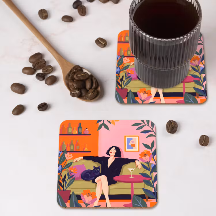 Vrouw - Kat - Interieur - Modern - Kleurrijk onderzetter kurk middel -sfeer2