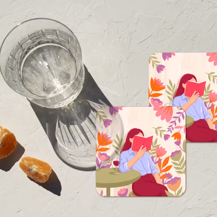 Vrouw - Lezen - Thuis - Modern - Bloemen onderzetter kurk middel -sfeer4
