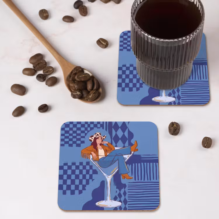 Vrouw - Martini glas - Abstract - Blauw - Kunst onderzetter kurk middel -sfeer2