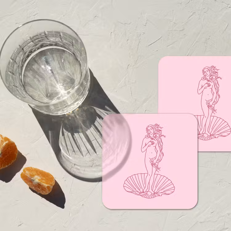 Vrouw - Schelp - Kunst - Lijntekening - Roze onderzetter kurk middel -sfeer4