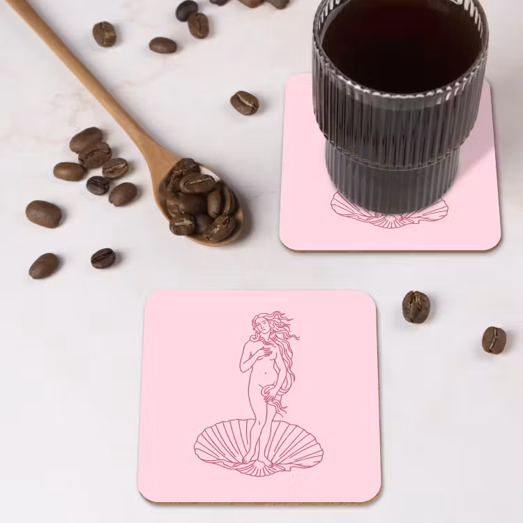 Vrouw - Schelp - Kunst - Lijntekening - Roze onderzetter kurk middel -sfeer2