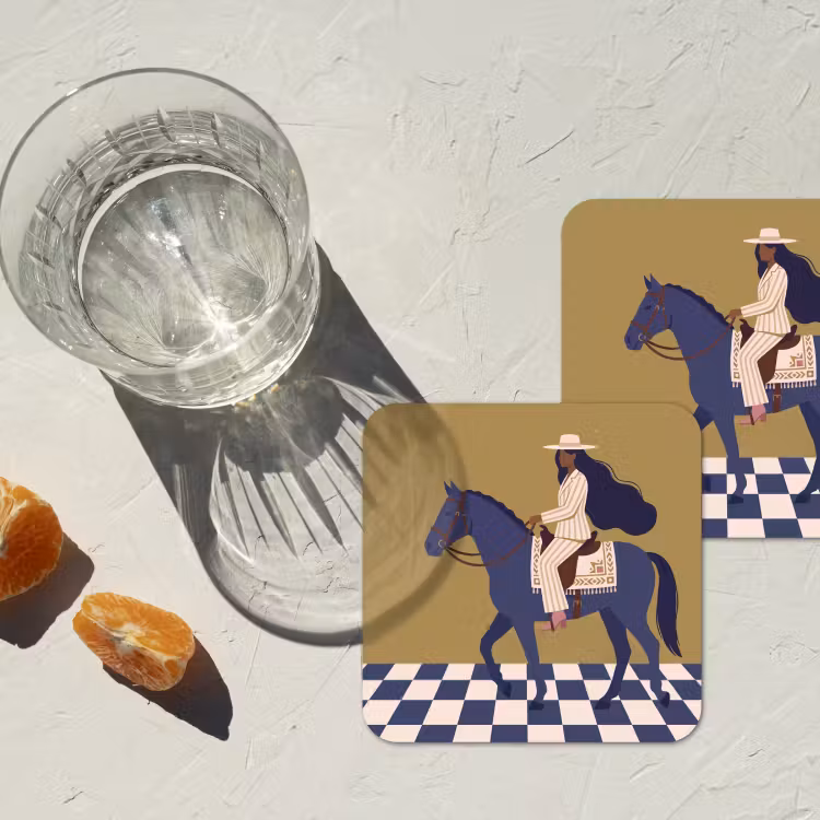 Vrouw - Paard - Rijden - Modern - Abstract onderzetter kurk middel -sfeer4