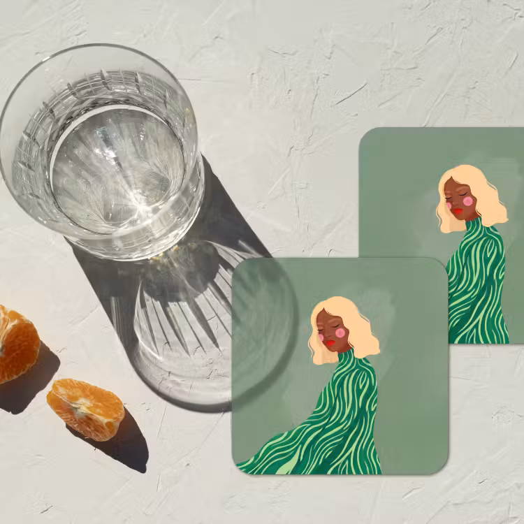 Vrouw - Portret - Illustratie - Modern - Groen onderzetter kurk middel -sfeer4