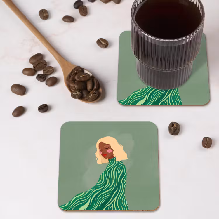 Vrouw - Portret - Illustratie - Modern - Groen onderzetter kurk middel -sfeer2