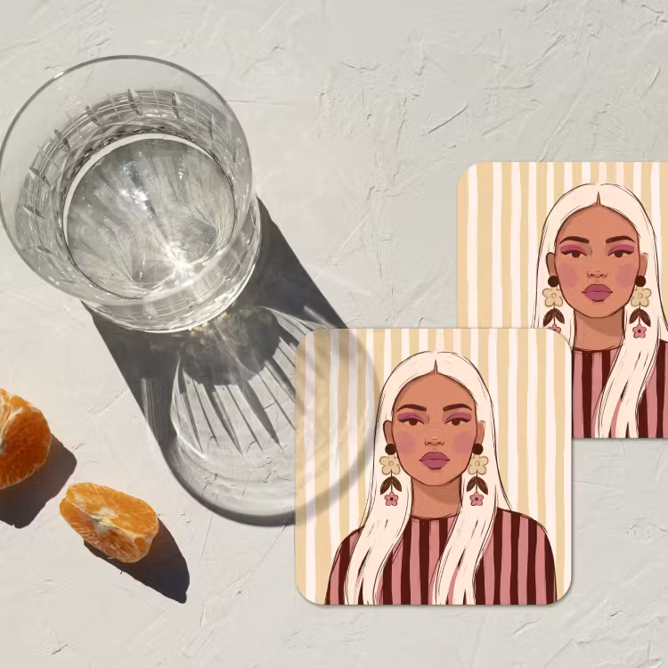 Vrouw - Portret - Illustratie - Modern - Roze onderzetter kurk middel -sfeer4