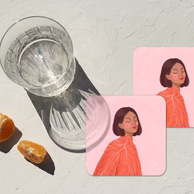 Vrouw - Portret - Modern - Kunst - Roze onderzetter kurk middel -sfeer4
