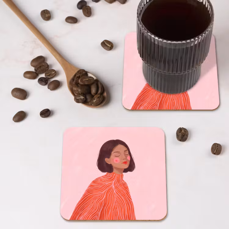 Vrouw - Portret - Modern - Kunst - Roze onderzetter kurk middel -sfeer2