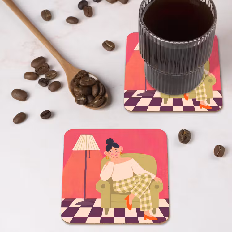 Vrouw - Rust - Interieur - Modern - Kunst onderzetter kurk middel -sfeer2