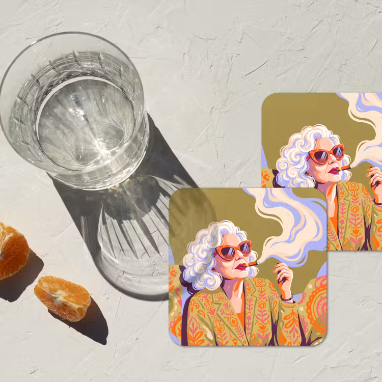 Vrouw - Zonnebril - Portret - Modern - Kleurrijk onderzetter kurk middel -sfeer4