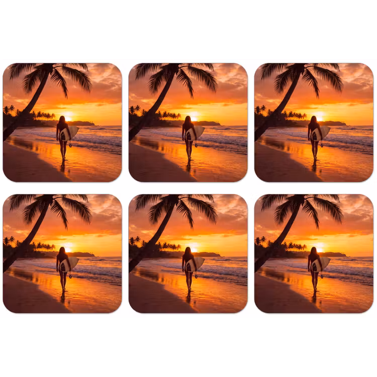 Vrouw - Surfplank - Strand - Zonsondergang - Oranje onderzetter kurk middel -zkaufland3dotto