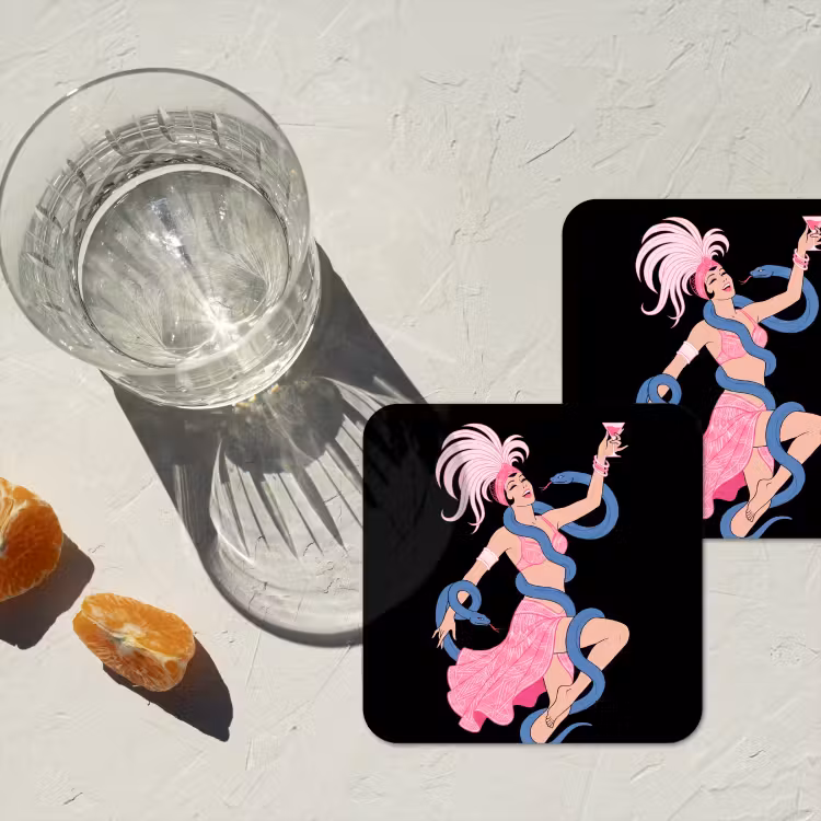 Vrouw - Danseres - Slangen - Art Deco - Roze onderzetter kurk middel -sfeer4
